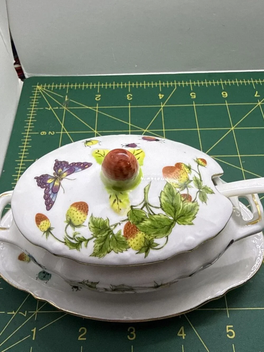 Vintage Japan Spring Time Personal Gravy /Jelly Boat / Butterflies Strawberries